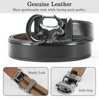 Men's Two-Layer Cowhide Automatic Buckle Belt, Black Ratchet Belt