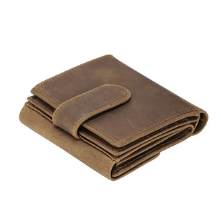 Brown handmade large-capacity crazy horse leather tri-fold wallet with coin pocket