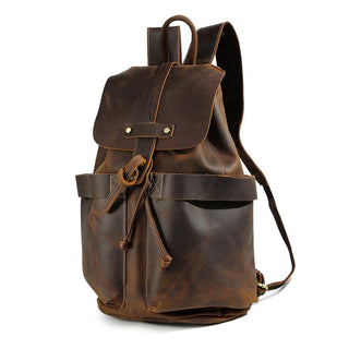 COIPDFTY Men Brown Travel Vintage back pack Genuine Leather Drawstring Backpack