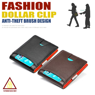 RFID Blocking Slim Real Genuine Leather Bifold Wallet With Metal Cash Clip