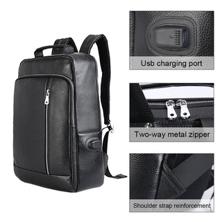 COIPDFTY Black 'Geniune' Leather Usb Charger Backpack School Leather back Bag For Man