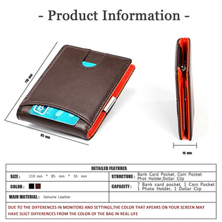 RFID Blocking Slim Real Genuine Leather Bifold Wallet With Metal Cash Clip