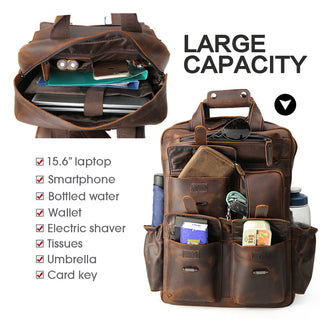 COIPDFTY 16 Inch Genuine Leather Laptop Travel Cowhide Leather Multiple Laptop Day Pack Crazy Horse Leather Backpack