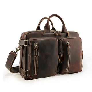 COIPDFTY Mens 14 Inch Genuine Leather Laptop Bag Multi Function Briefcase Backpack