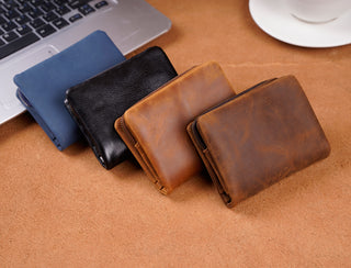 Brown Men Crazy Horse Genuine Leather Bifold Wallet Leather Coin Wallet Coin Purse