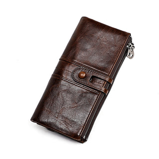 Lady Oil Wax Genuine Soft Leather Women Long Clutch Zipper Travel Bifold Wallet With Sim Card Slot