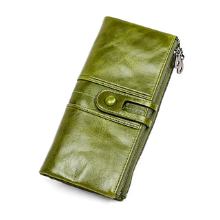 Lady Oil Wax Genuine Soft Leather Women Long Clutch Zipper Travel Bifold Wallet With Sim Card Slot